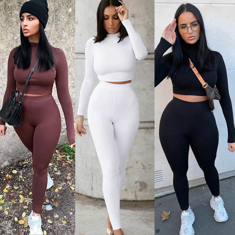 Two Piece Sets Women  Sportswear Hot Crop Tops And Leggings Matching Outfits