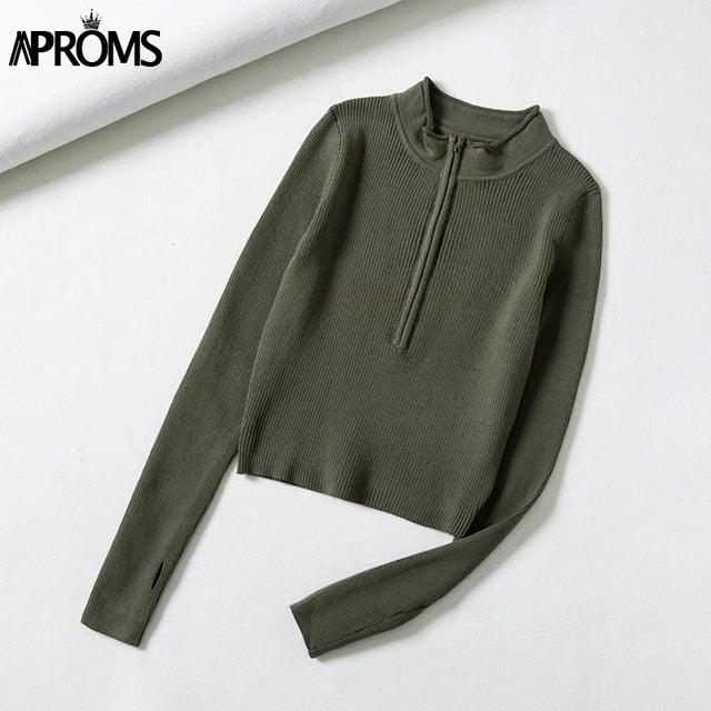 Elegant High Neck Zipper Sweater Women