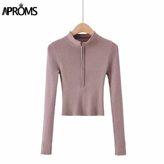 Elegant High Neck Zipper Sweater Women