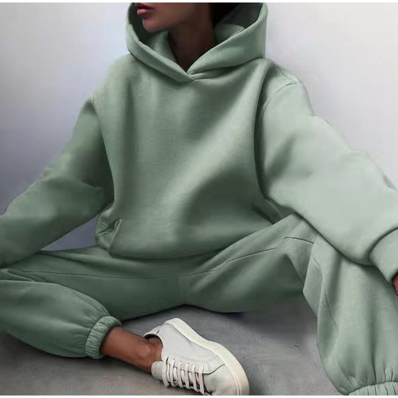 Casual  Long Sleeve Warm Hoodie & Long Pant Fleece Two Piece Sets