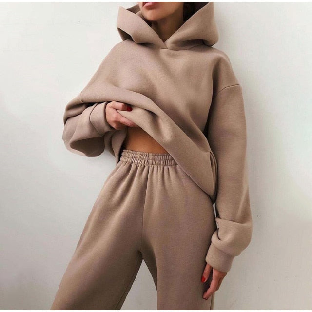 Casual  Long Sleeve Warm Hoodie & Long Pant Fleece Two Piece Sets