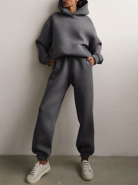 Casual  Long Sleeve Warm Hoodie & Long Pant Fleece Two Piece Sets