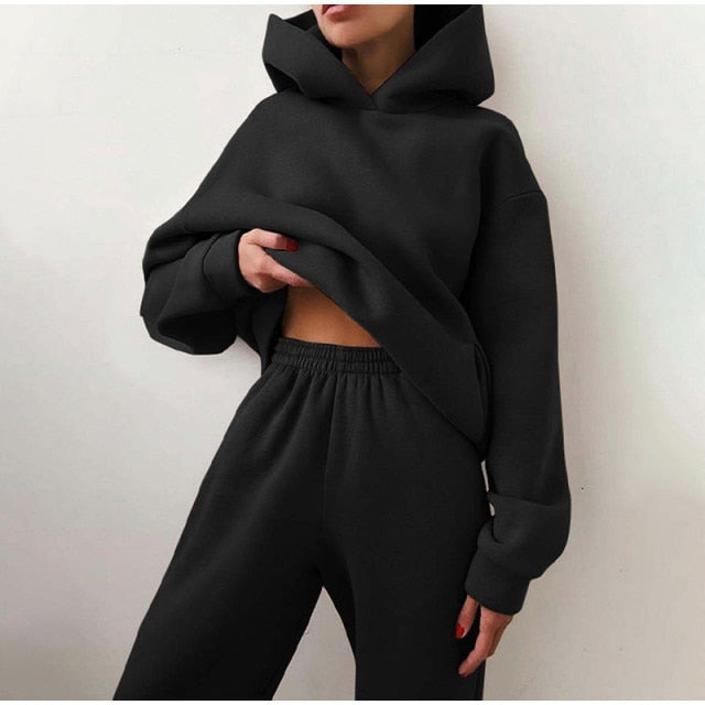 Casual  Long Sleeve Warm Hoodie & Long Pant Fleece Two Piece Sets