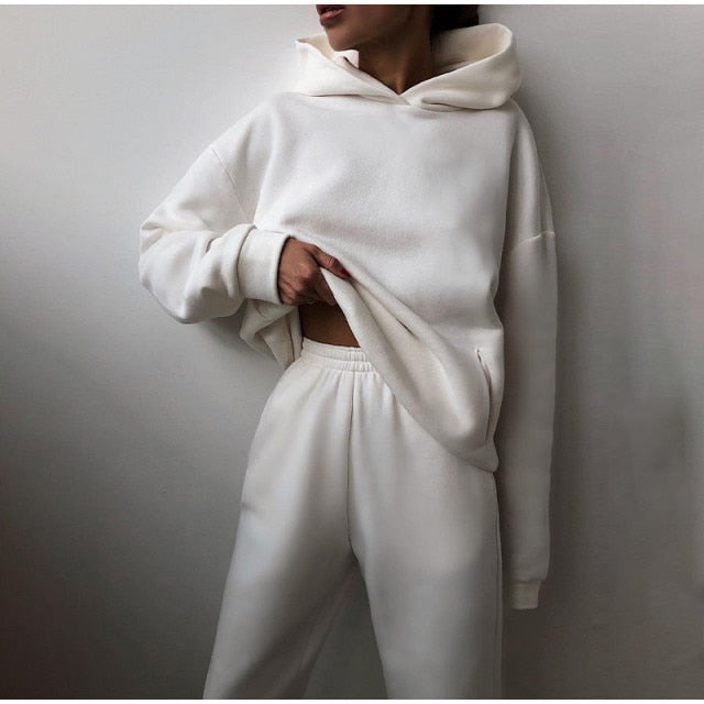 Casual  Long Sleeve Warm Hoodie & Long Pant Fleece Two Piece Sets