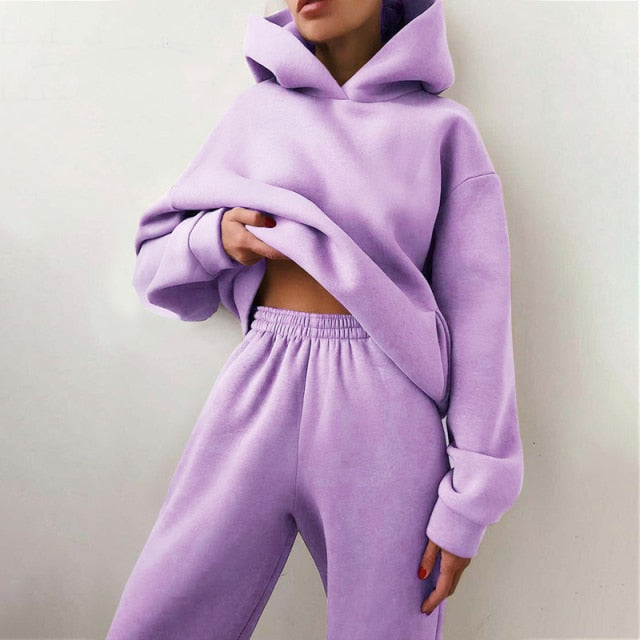 Casual  Long Sleeve Warm Hoodie & Long Pant Fleece Two Piece Sets