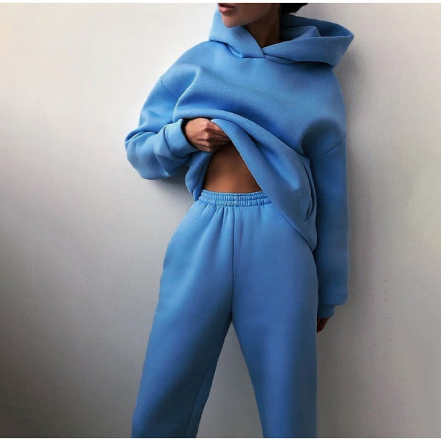 Casual  Long Sleeve Warm Hoodie & Long Pant Fleece Two Piece Sets