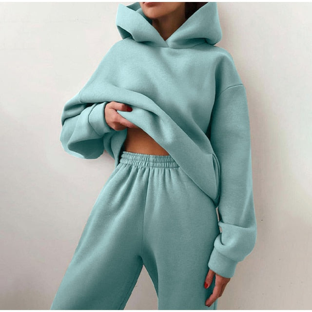 Casual  Long Sleeve Warm Hoodie & Long Pant Fleece Two Piece Sets