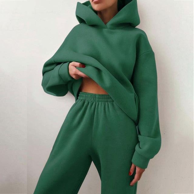 Casual  Long Sleeve Warm Hoodie & Long Pant Fleece Two Piece Sets